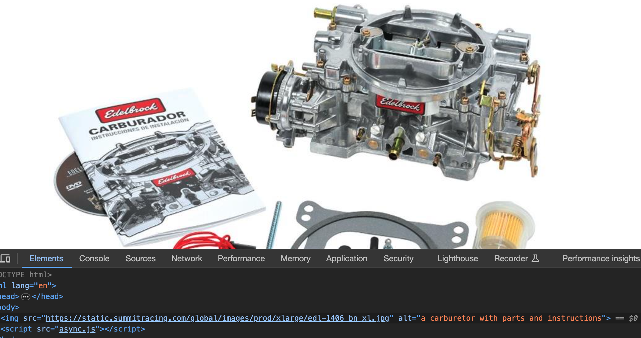 Screenshot of the browser with devtools open. In the main browser window is a picture of an silver colored carburetor. To the left is an instruction manual and DVD. To the bottom are some other parts such as gaskets and a fuel filter, which also come with the carburetor.  Devtools shows the alt attribute is "a carburetor with parts and instructions"